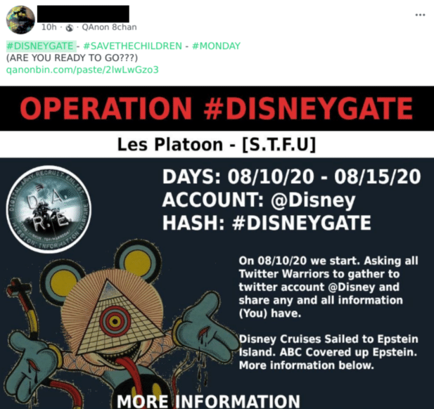 flyer promoting the qanon campaign disneygate