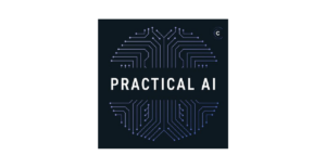 Practical AI podcast logo with circuit design elements.