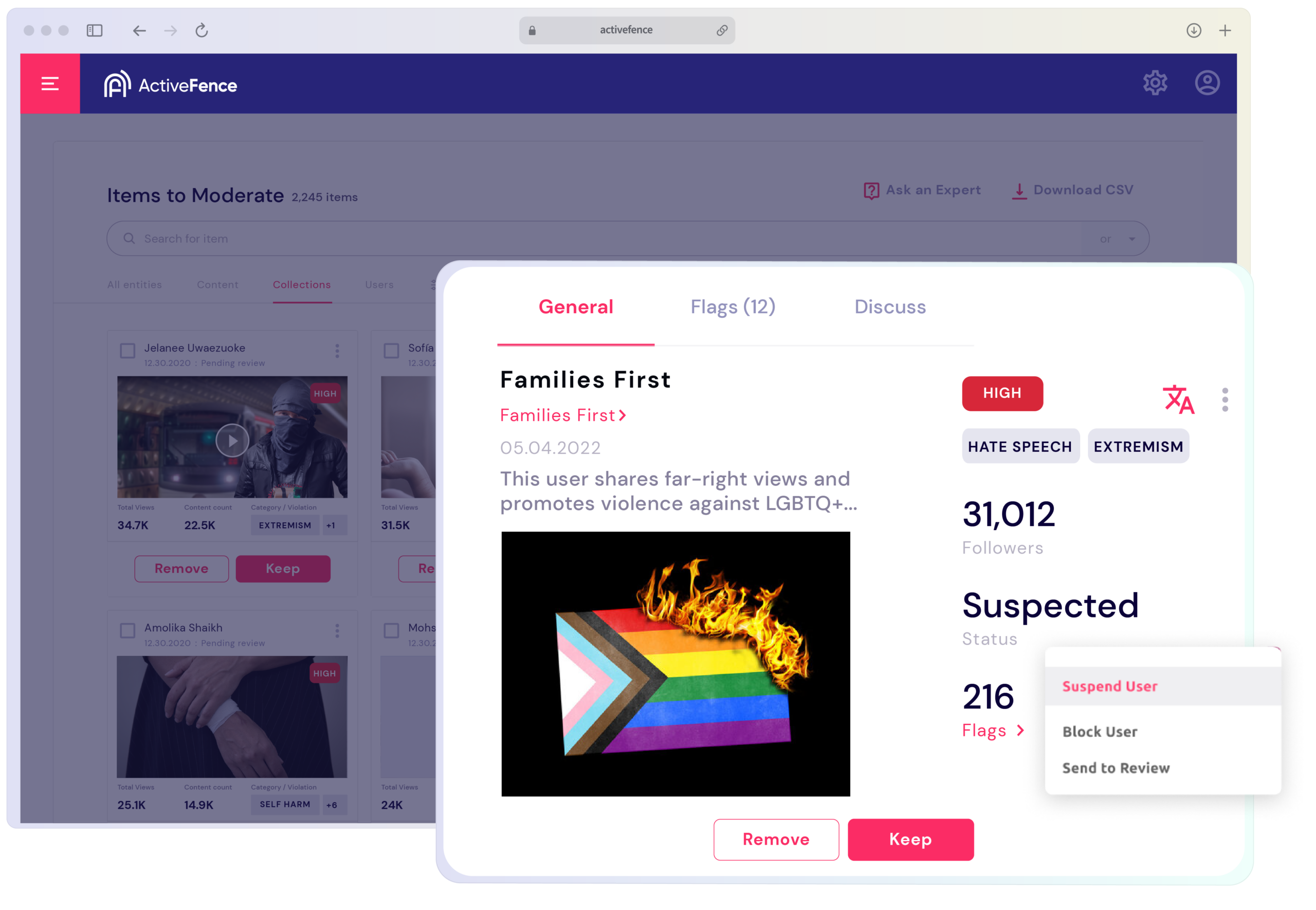 Content moderation interface showing flagged items with options to remove, keep, or take action on suspected hate speech and extremism