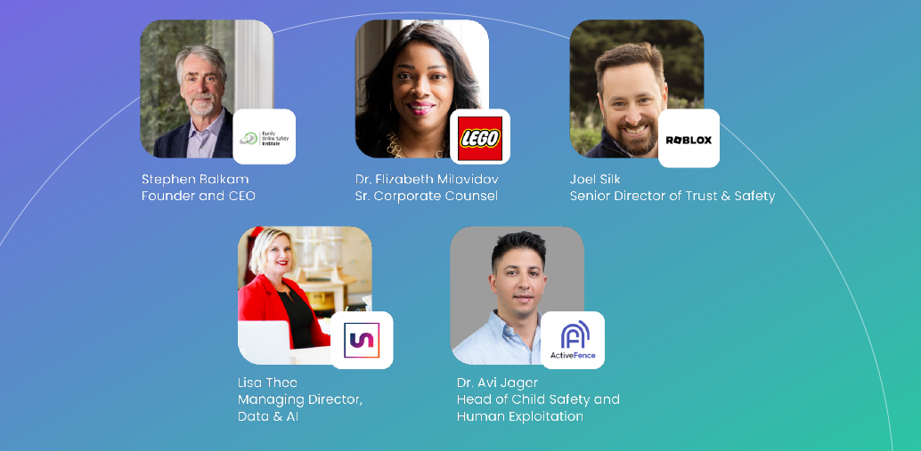 Panel of experts featuring Stephen Balkam, Dr. Elizabeth Milovidov, Joel Silk, Lisa Thee, and Dr. Avi Jager with their respective company logos.