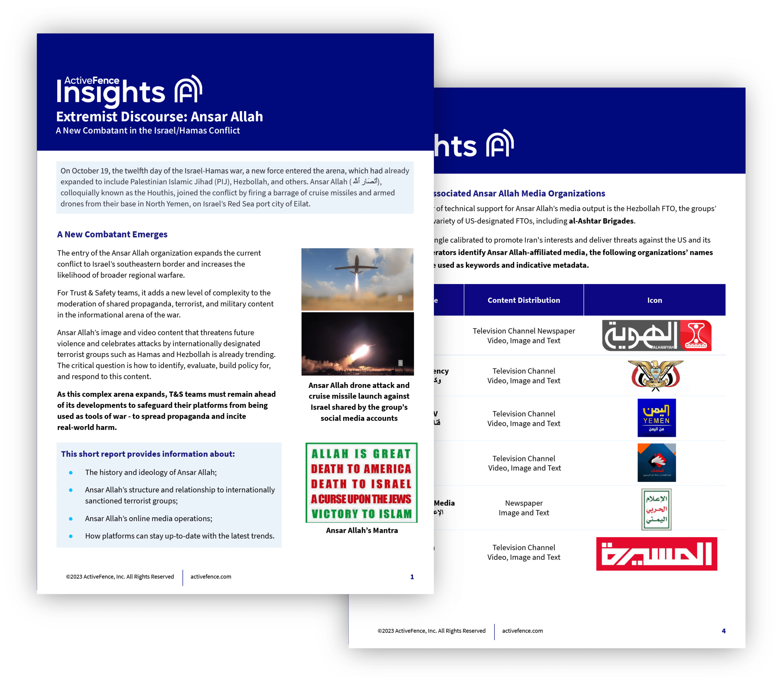 ActiveFence Insights report on 'Extremist Discourse: Ansar Allah' detailing the emergence of a new combatant in the Israel/Hamas conflict, with a summary of Ansar Allah's media operations and ideological background.