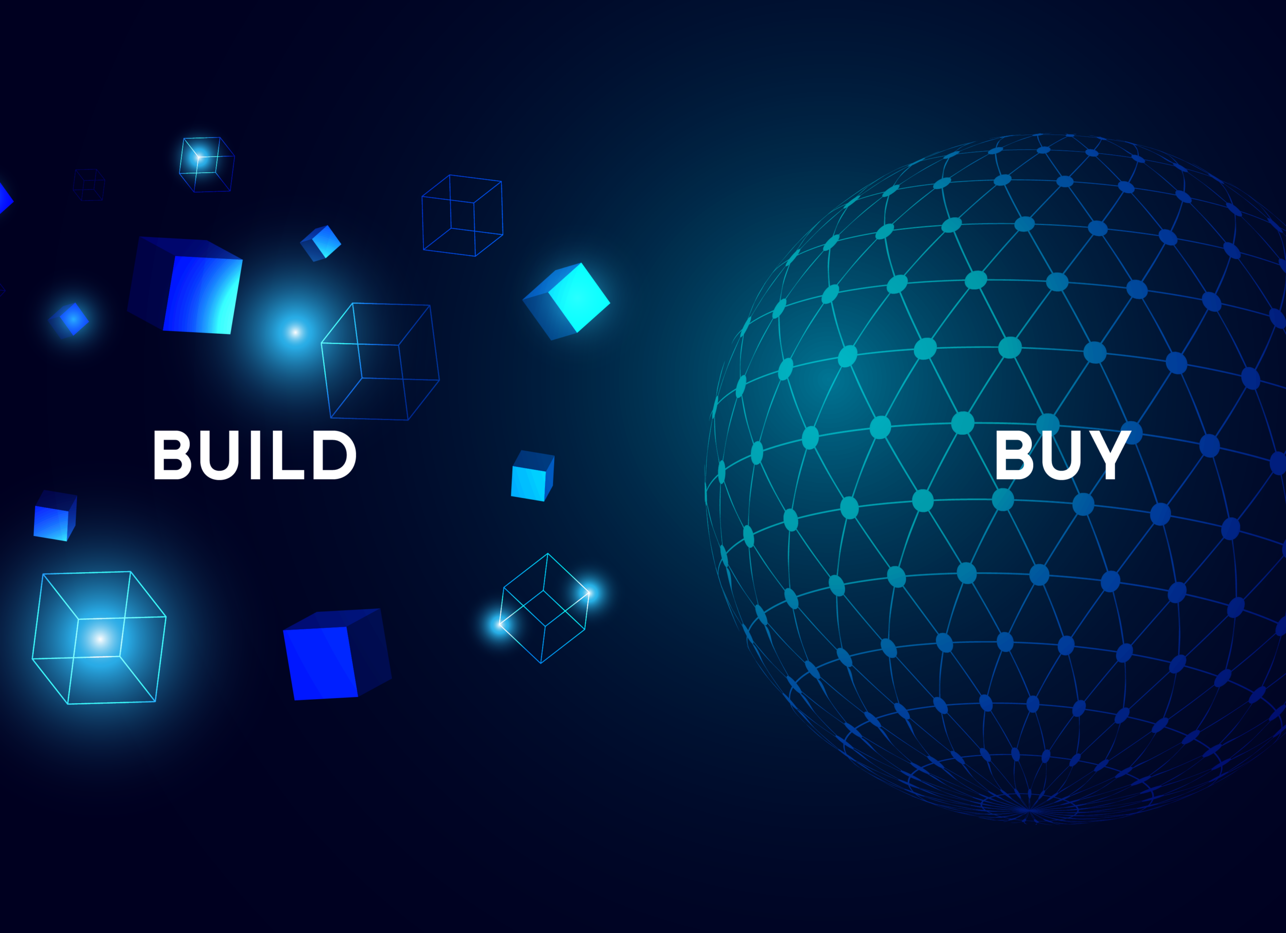 Digital illustration featuring the words 'Build' and 'Buy' with blue geometric shapes and a networked globe on a dark background.