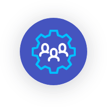 Icon of a gear with three people inside, representing team collaboration and management.