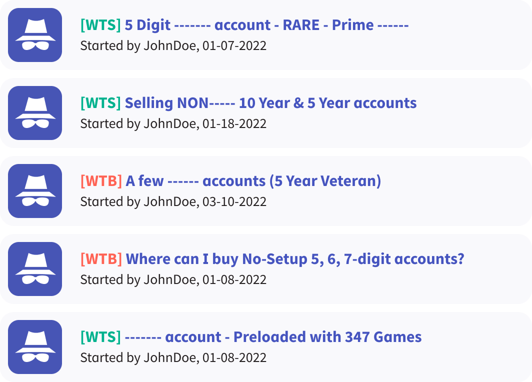 List of gaming accounts being sold or requested on a forum, including 5 Digit Prime account, 10 Year & 5 Year accounts, and 347 Games account.