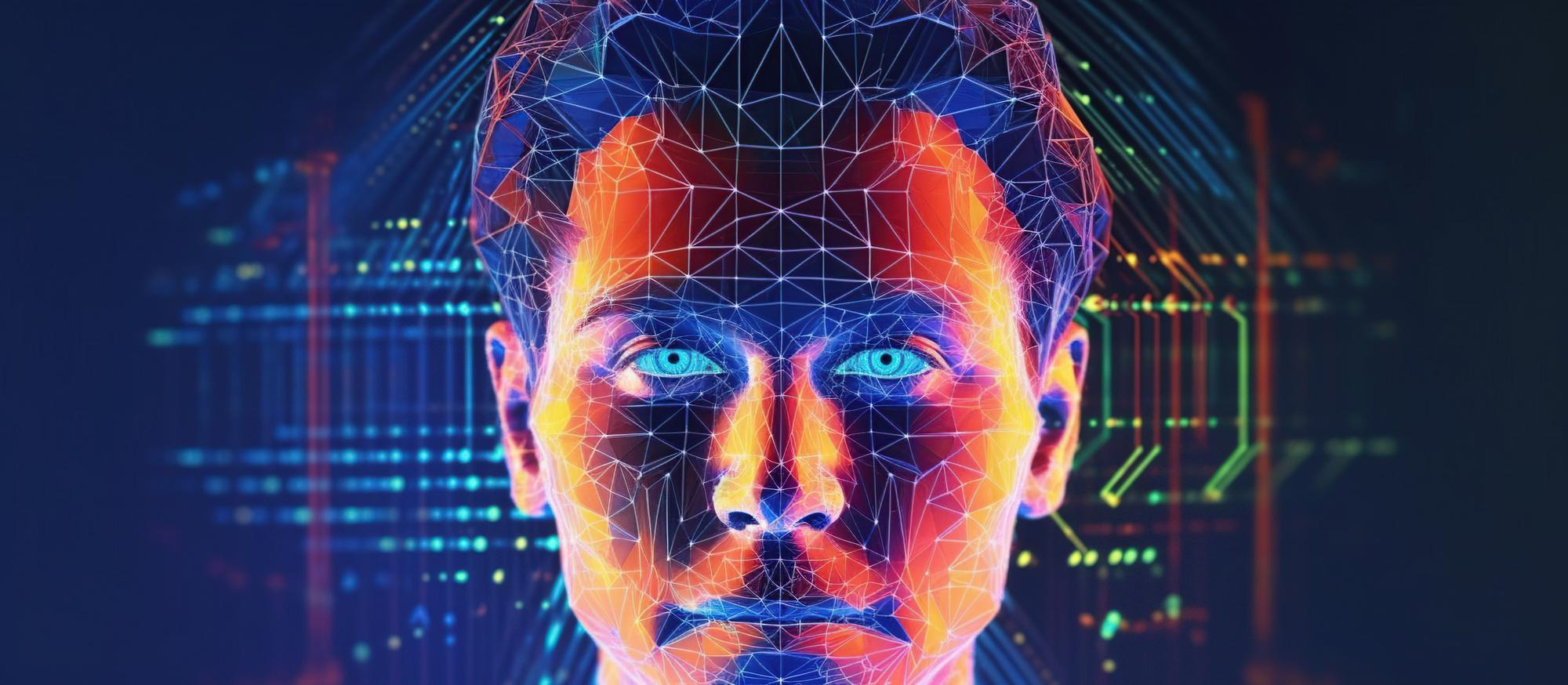Digital representation of a human face with geometric patterns and bright neon colors, symbolizing artificial intelligence and technology.