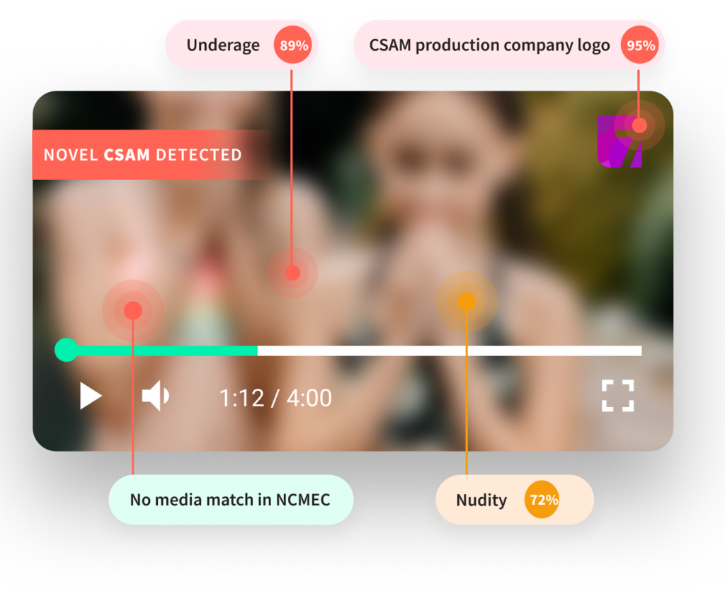 Screenshot showing detection of CSAM content in a video with annotations for underage, logo, and nudity detection.