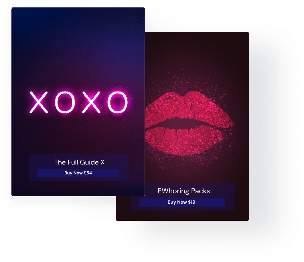 Image showing two advertisement cards. The left card features the text 'XOXO' in neon lights with the title 'The Full Guide X' and a price of $54. The right card displays a red glittering lips graphic with the title 'EWhoring Packs' and a price of $19.