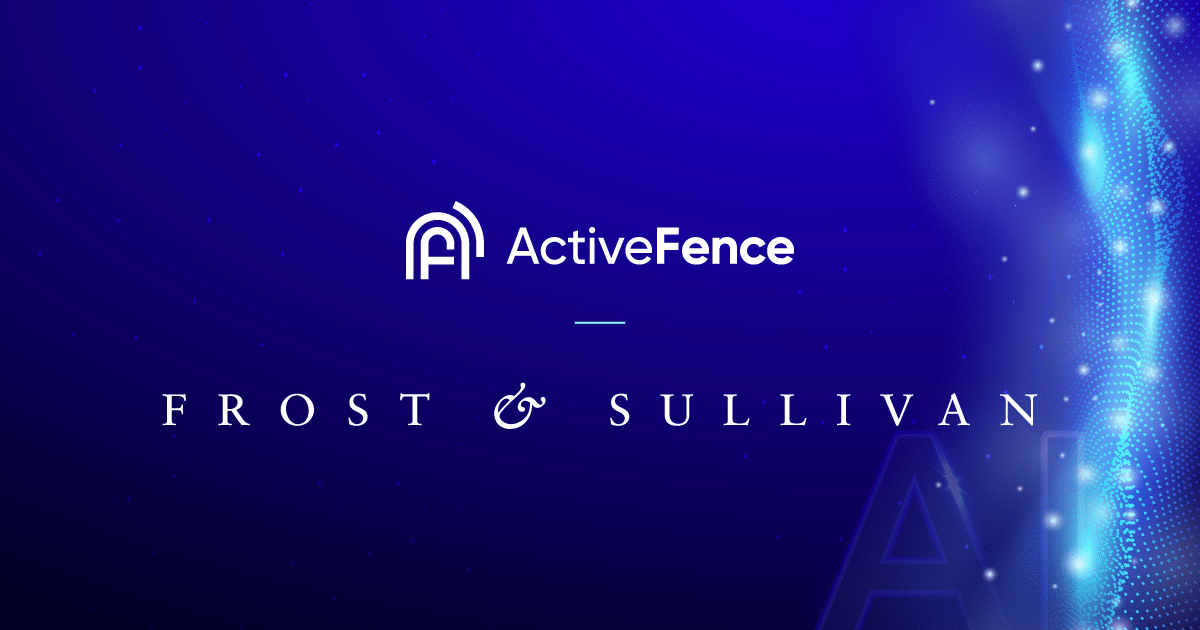 ActiveFence and Frost & Sullivan logos on a blue gradient background with digital effects.