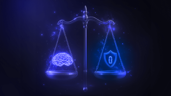 Digital illustration of a glowing blue scale balancing a brain on one side and a security shield on the other, symbolizing the balance between AI innovation and safety.
