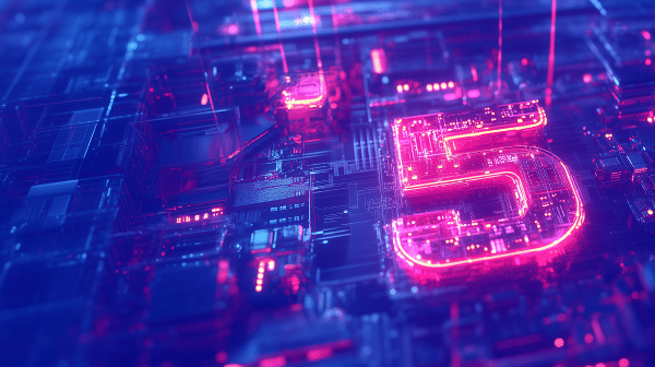 Digital neon number 5 illuminated on a glowing circuit board, representing five core principles for GenAI safety in gaming environments