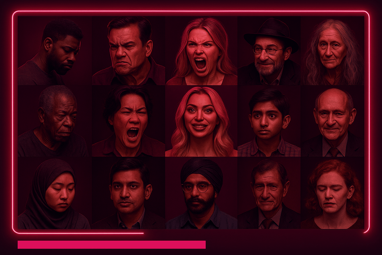 A grid of diverse AI-generated human portraits in neon red and purple tones, illustrating bias in generative AI outputs