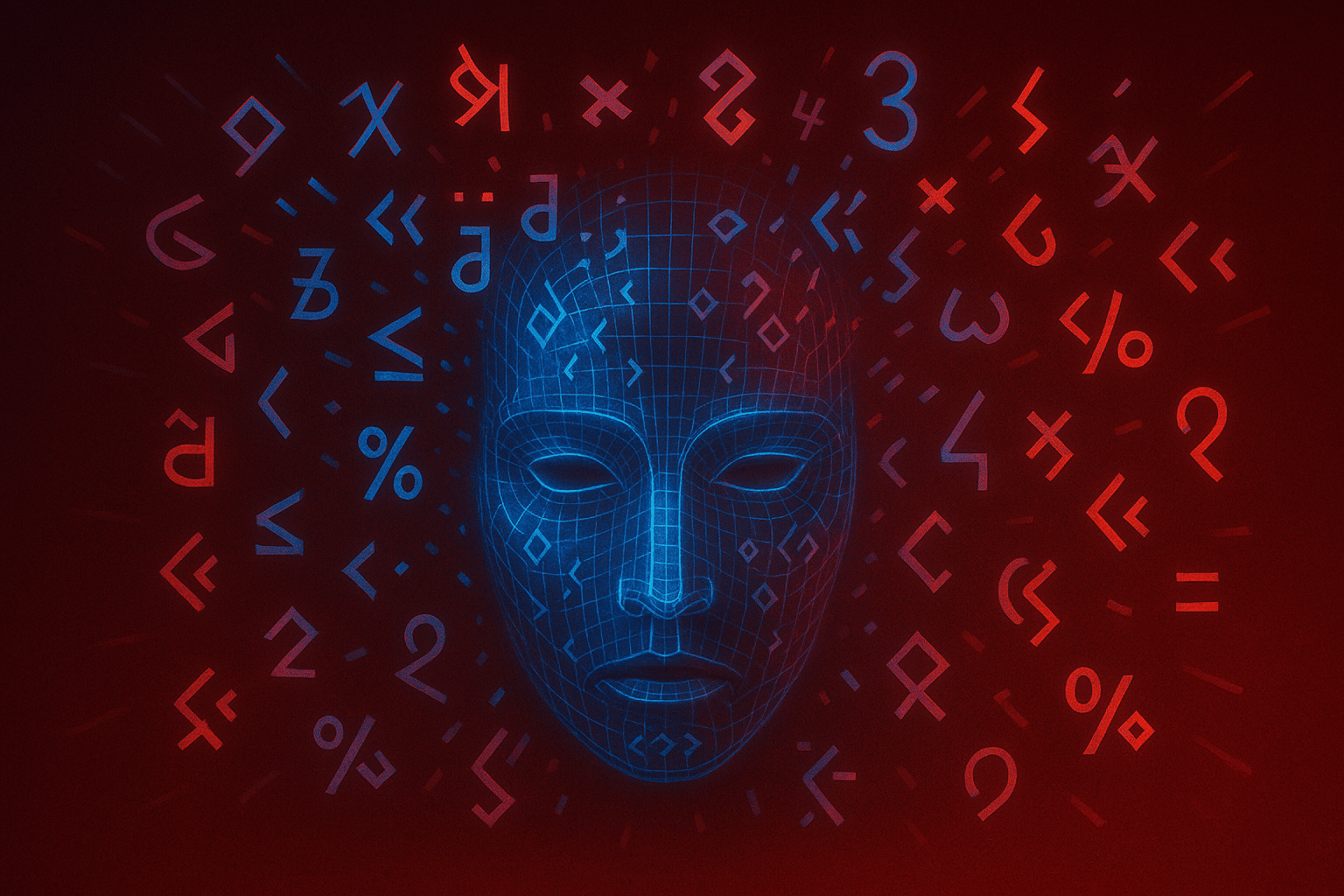 Futuristic wireframe mask surrounded by adversarial code symbols representing AI jailbreak attacks