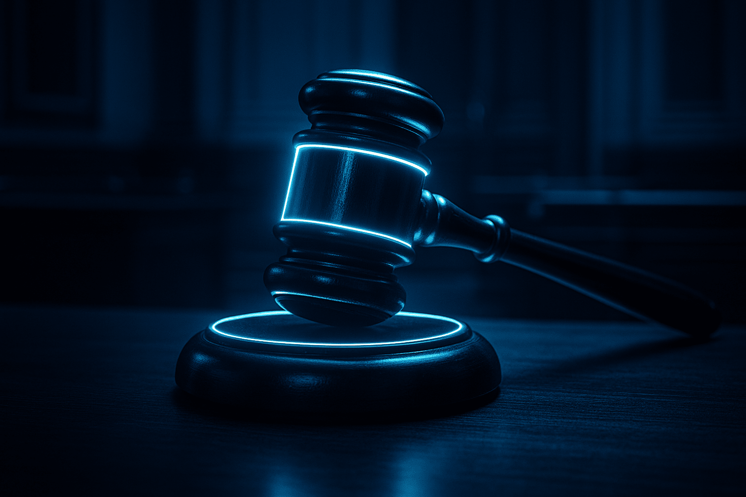 A judge's gavel glowing with neon blue light, symbolizing the legal implications of AI-generated content and chatbot accountability.