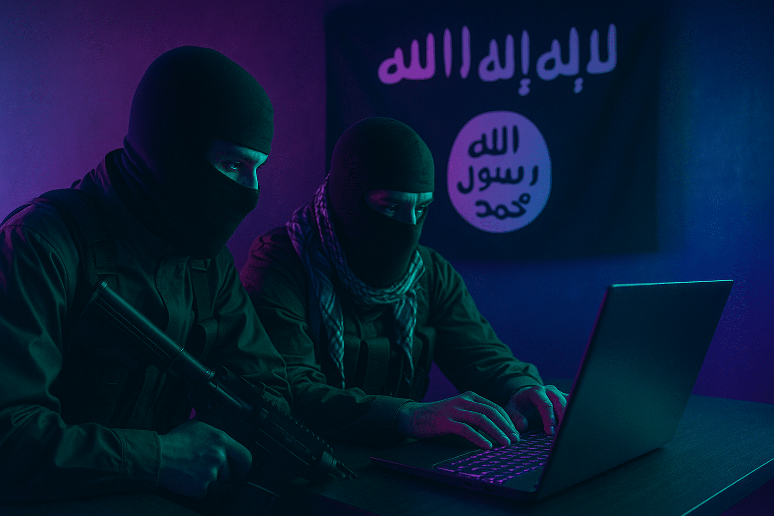Two masked militants using a laptop under neon lighting with an ISIS flag in the background.