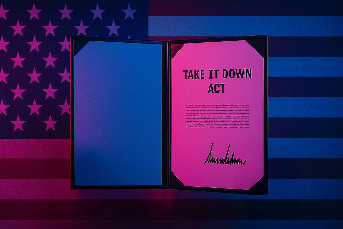 A neon-lit photograph of an open legal folder displaying a document titled “Take It Down Act,” set against a stylized American flag background with visible stars and stripes. The lighting casts vivid pink and blue tones across the scene, emphasizing the document and evoking a sense of official legislation.