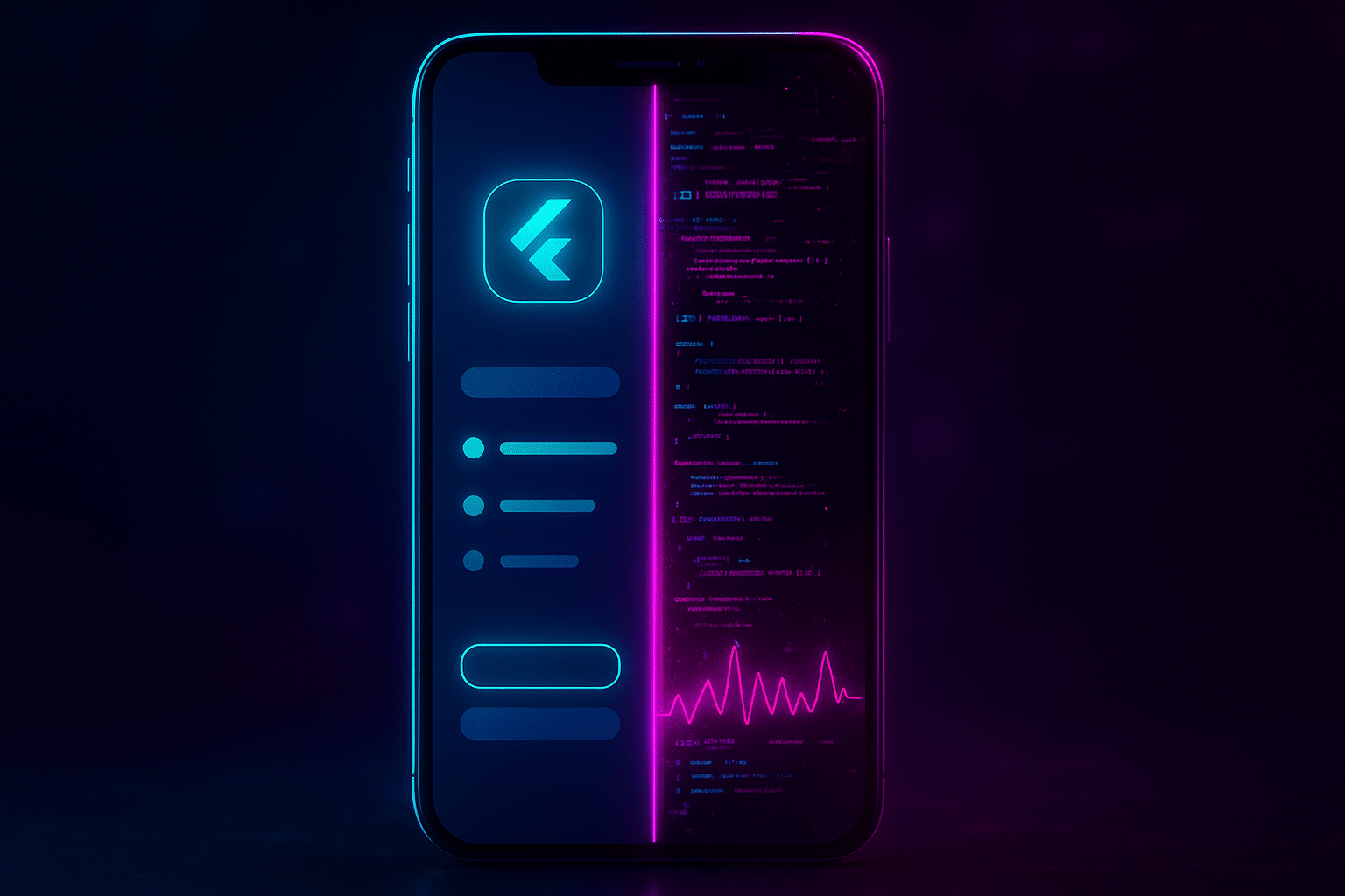 Split-screen neon illustration of a mobile phone showing a clean Flutter app on one side and glitchy malicious code on the other, symbolizing malware abuse.