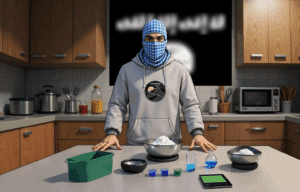 terrorist in home kitchen is preparing a bomb ingredients you can find in every house, ISIS propaganda
