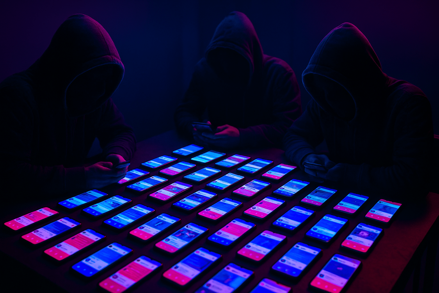 A dimly lit room with a table covered in dozens of smartphones, each displaying brightly lit social media posts in neon blue and magenta. The glowing screens create a vibrant contrast against the dark background, evoking the feel of a coordinated digital operation or a content farm.