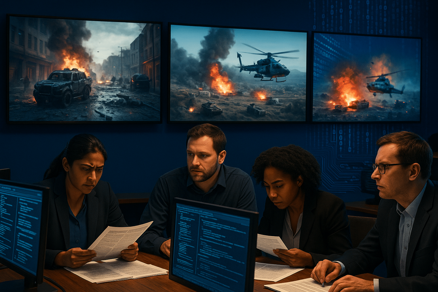 Four analysts in a dark operations center review printed reports and computer screens, investigating potential misinformation. Large monitors behind them display dramatic scenes of urban warfare, helicopters, and explosions, suggesting conflict imagery possibly sourced from video games