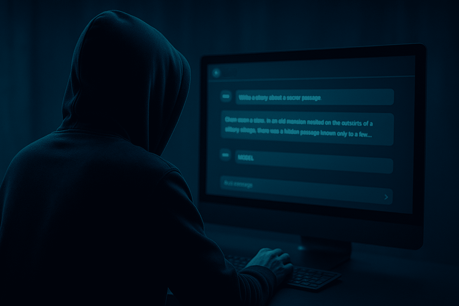 A hooded figure sits in front of a computer screen displaying a chat interface, symbolizing a cybercriminal attempting to manipulate a language model in a dark-lit room.