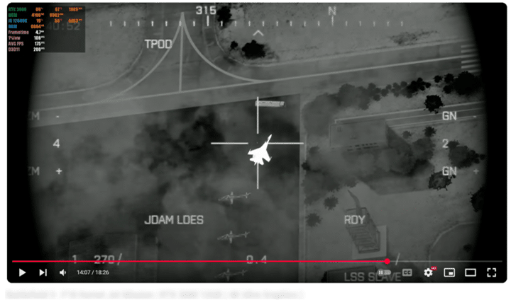 Thermal imagery from a video game depicting an aircraft in combat, falsely presented online as real military footage. Heads-up display elements visible in the frame confirm it is gameplay