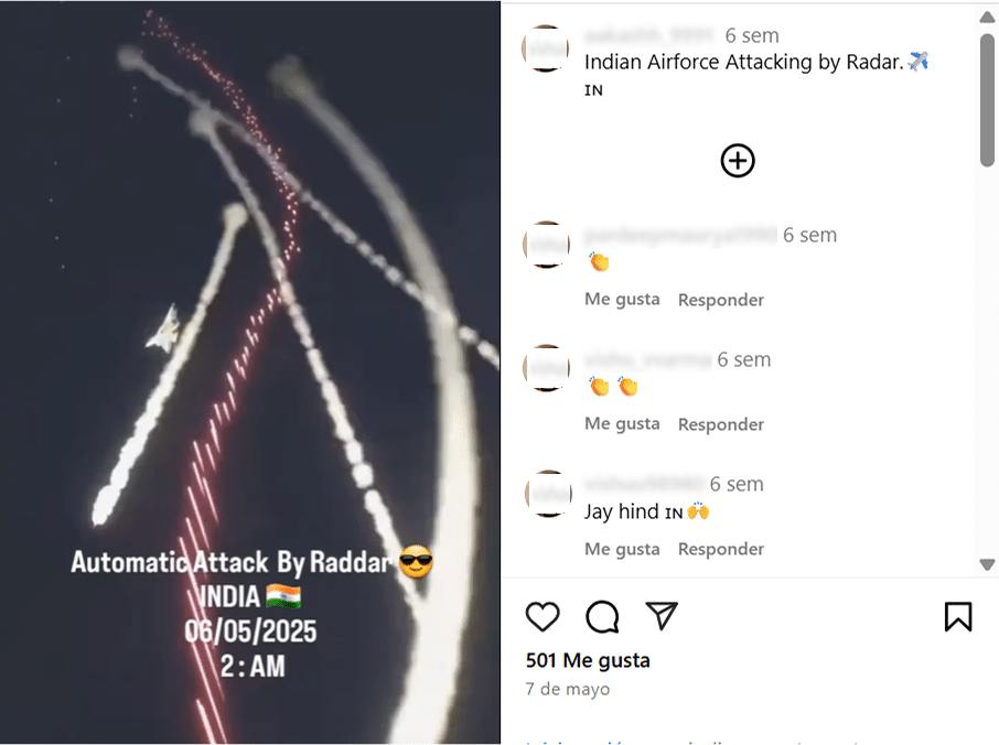 Instagram video falsely labeled as an Indian Air Force attack on May 6, 2025, showing missiles streaking across a night sky. The footage originates from a military video game
