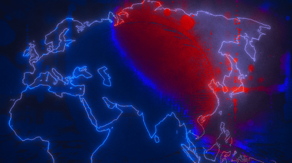 A neon-style digital map of Asia with glowing blue outlines transitioning into intense red tones across Russia, symbolizing the spread of influence. The map sits on a dark background, emphasizing contrast and geopolitical tension