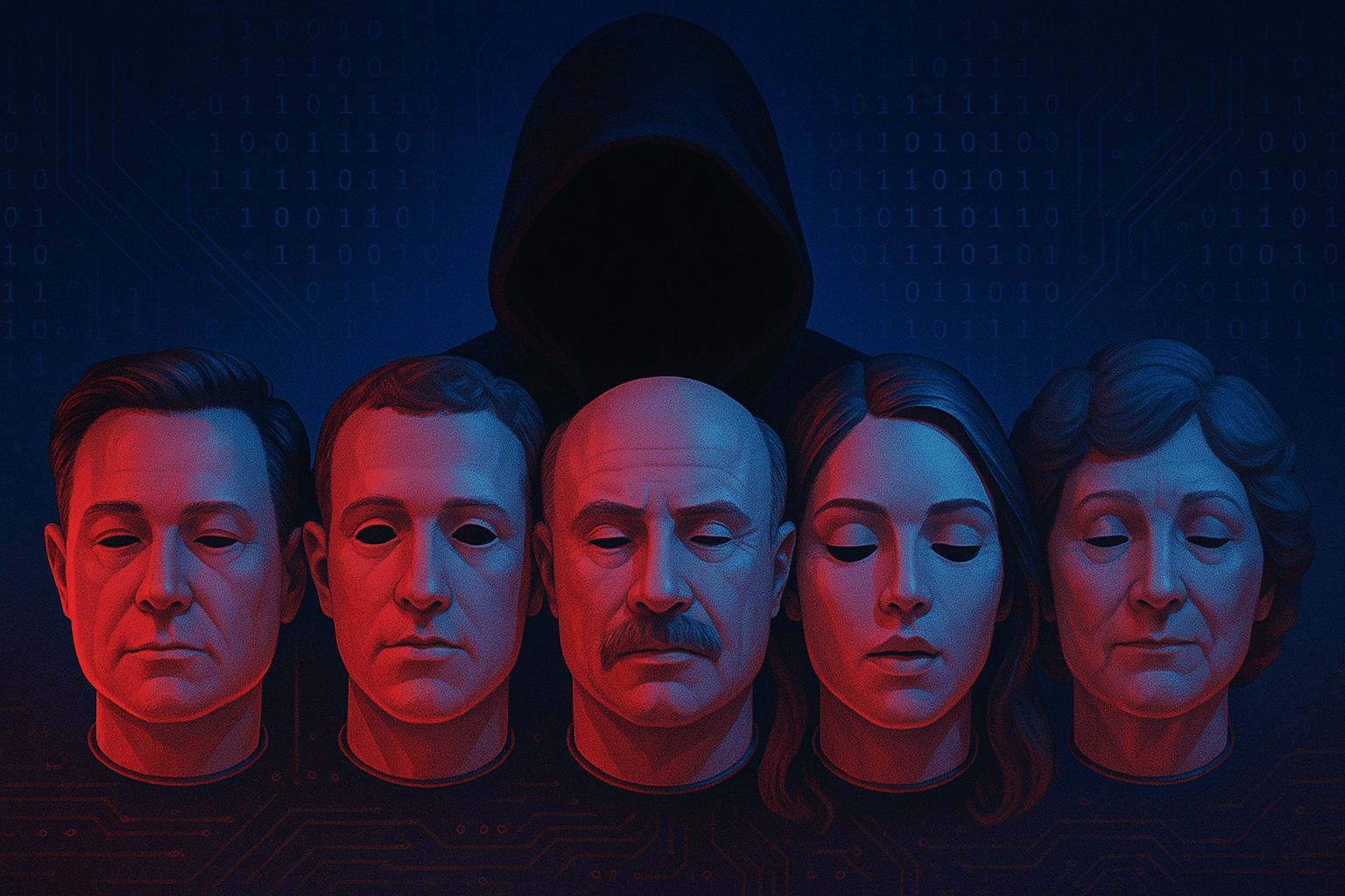 A hooded figure stands in shadow behind a row of hyper-realistic face masks resembling well-known public figures. Each mask is lit in red and blue neon tones, suggesting themes of identity theft and AI-generated impersonation. The background is dark with subtle digital circuitry and binary code, evoking a cyber threat atmosphere.