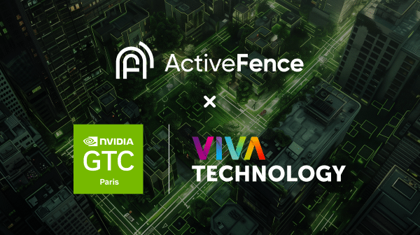 Graphic featuring ActiveFence’s logo alongside NVIDIA GTC Paris and Viva Technology logos, set against a futuristic cityscape with interconnected digital pathways, highlighting their collaboration at the upcoming event