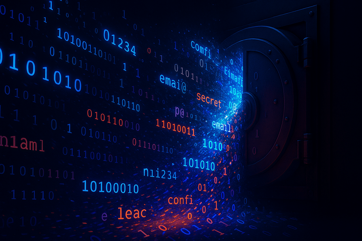 A digital vault door stands ajar, glowing with blue light, as streams of binary code and fragmented words like “email,” “secret,” and “confidential” pour out into dark space, symbolizing data leakage. The scene uses vivid electric blue, red, and purple tones against a deep navy background, evoking a sense of cybersecurity breach.