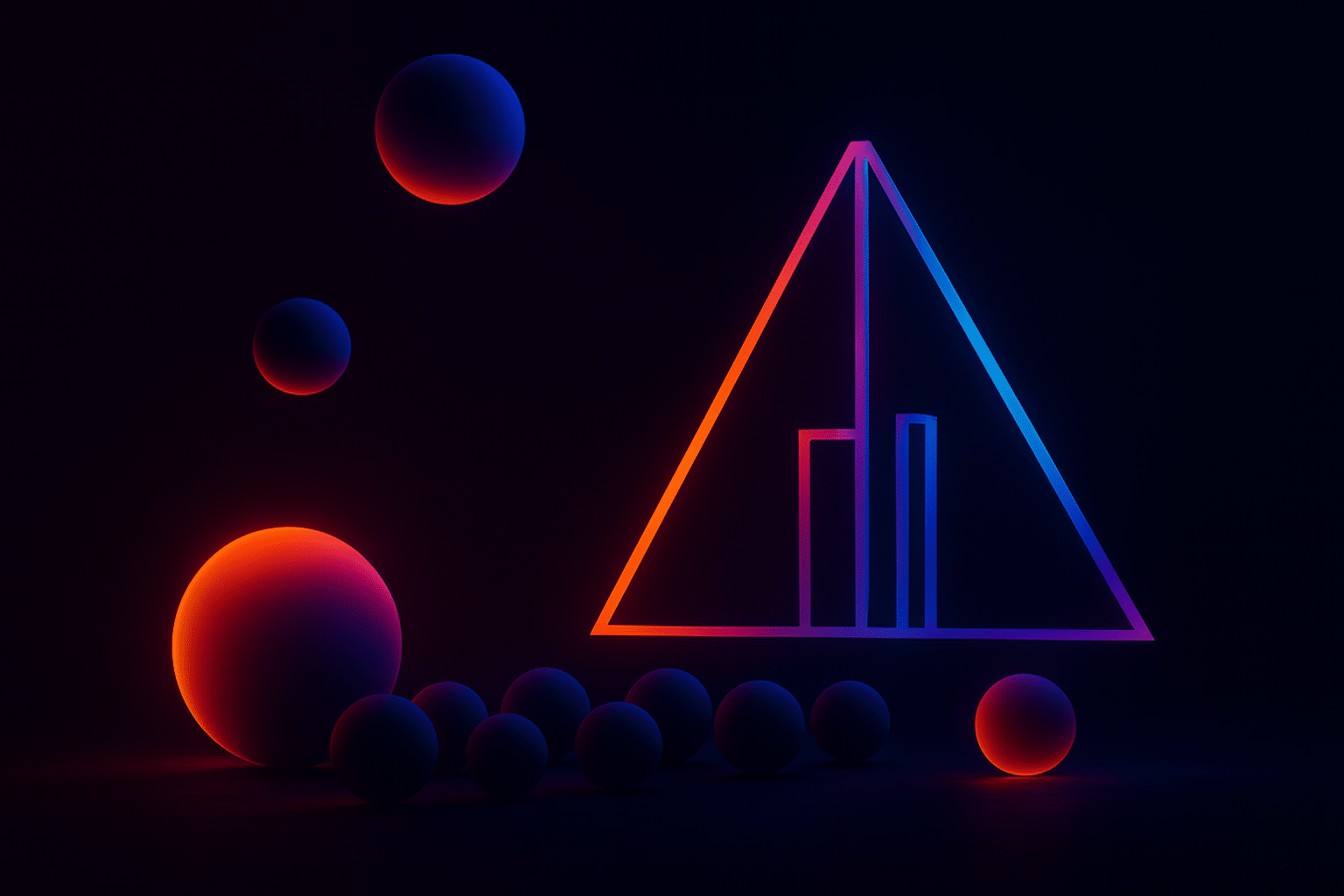 Abstract neon artwork featuring glowing spheres falling into place against a dark background, symbolizing team formation and alignment, with vibrant blue, purple, and orange hues