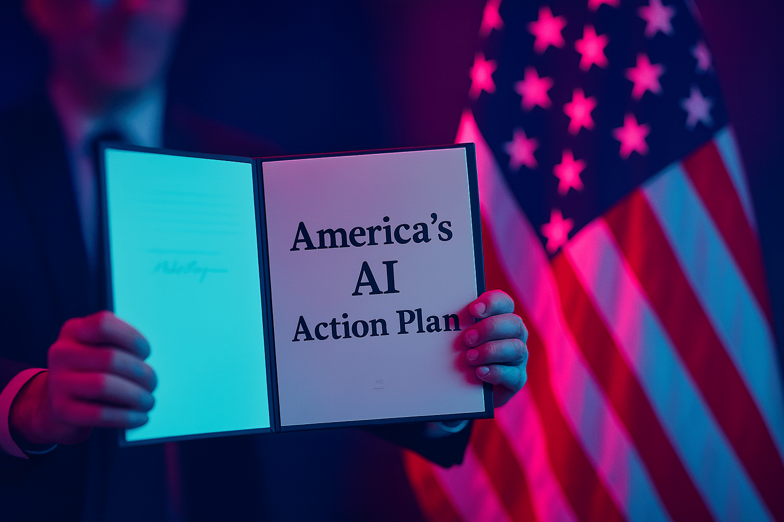 Hands holding a signed AI Action Plan bill, symbolizing America’s policy shift toward AI innovation and deregulation