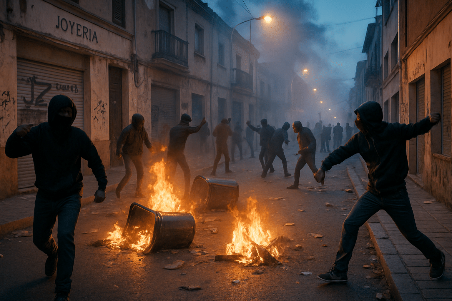 Cinematic editorial style. A tense urban riot scene in a Spanish town during twilight, with masked individuals clashing in a narrow street partially lit by glowing fires and bright overhead streetlamps. Graffiti-covered storefronts and scattered debris line the street, now clearly visible in the cooler ambient light. Smoke drifts through the air, catching the light to create a dramatic haze.