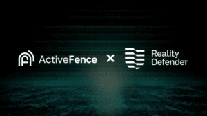 Logos of ActiveFence and Reality Defender on a dark gradient background, symbolizing the partnership for deepfake detection and generative AI protection.