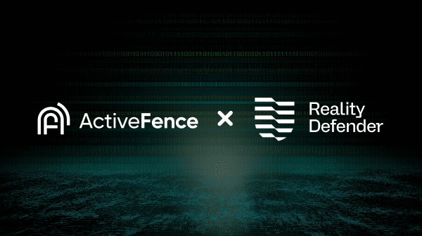 Logos of ActiveFence and Reality Defender on a dark gradient background, symbolizing the partnership for deepfake detection and generative AI protection.