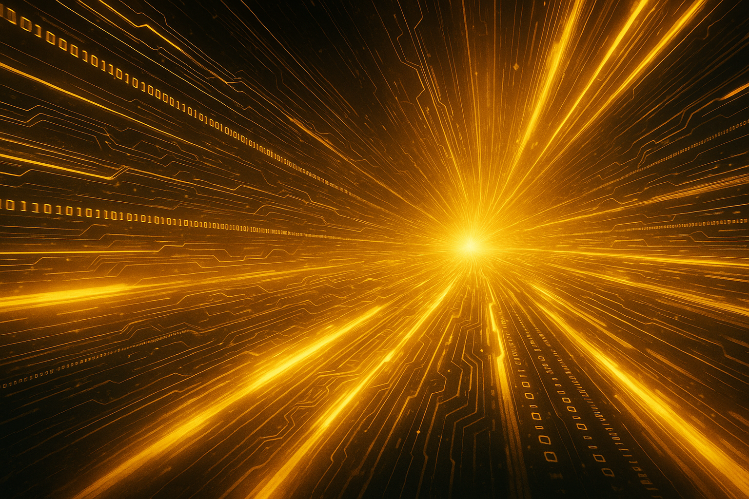 Cinematic editorial illustration of a high-speed data stream racing through a glowing tunnel of light, featuring layered lines of binary code, circuit patterns, and pulsing energy waves to suggest massive data flow. The scene is viewed from a dynamic low angle with motion blur, conveying intense acceleration.