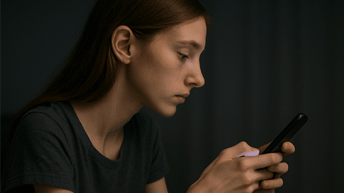 A young girl talks to an emotional support chatbot in a dark room.