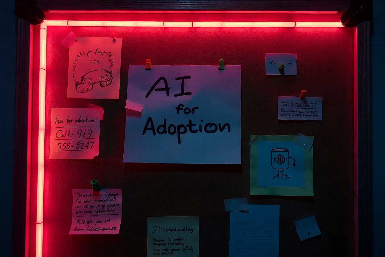 A corkboard lit by red neon lights displaying a central paper that reads “AI for Adoption,” surrounded by hand-drawn notes and sketches related to artificial intelligence.