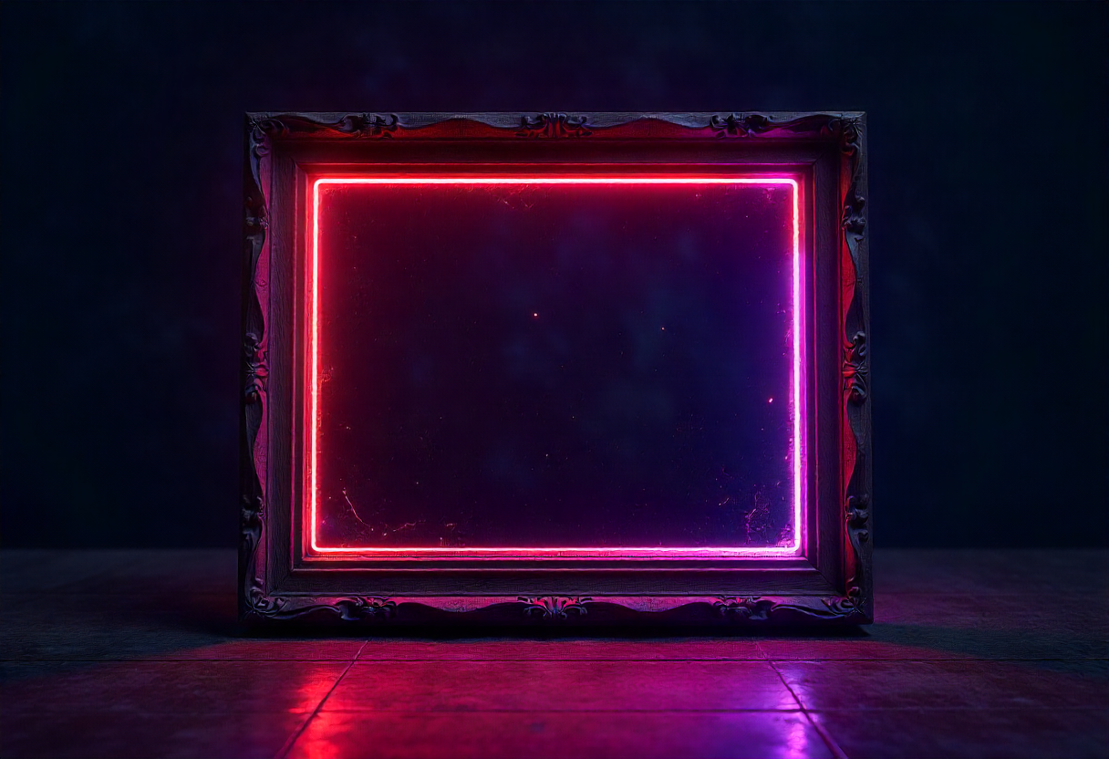 Empty ornate picture frame illuminated by glowing pink and purple neon lights against a dark background