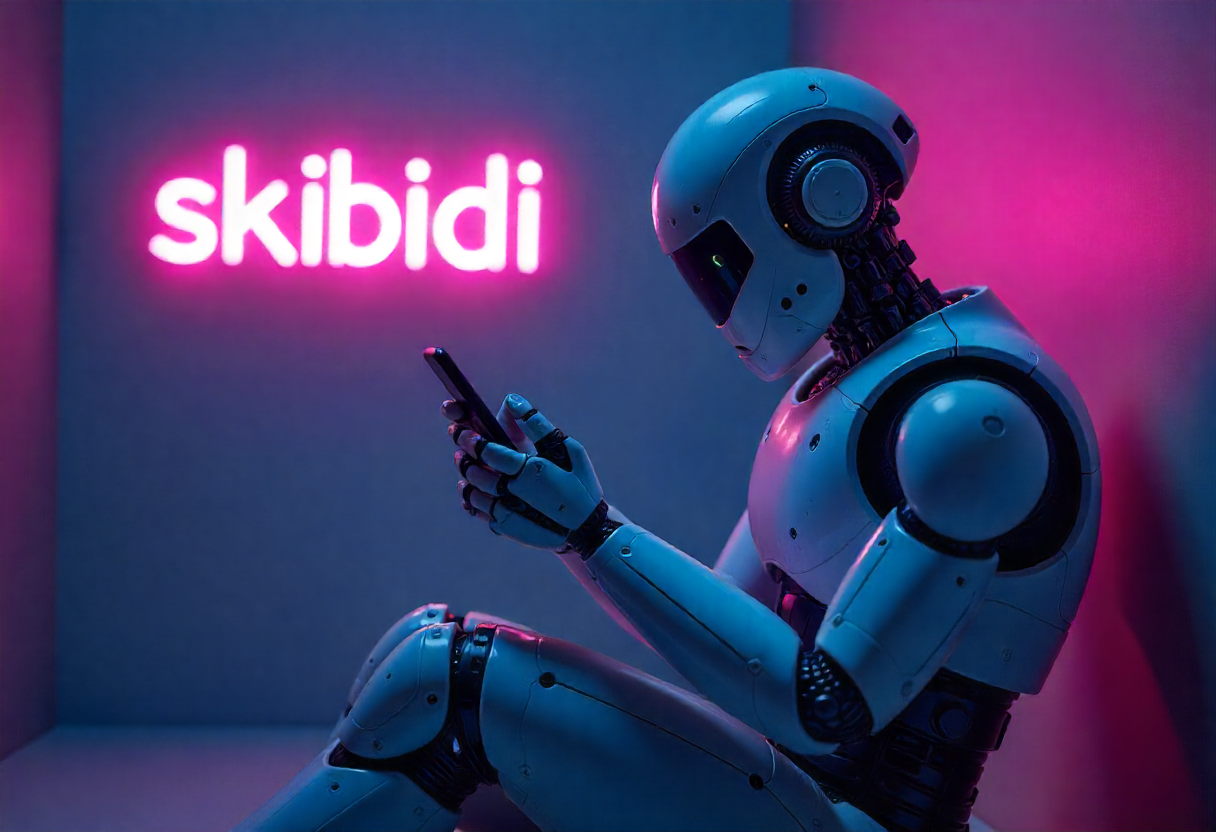 AI robot sitting confused at its phone, neon holographic “skibidi” and “67” floating, soft blue-magenta glow