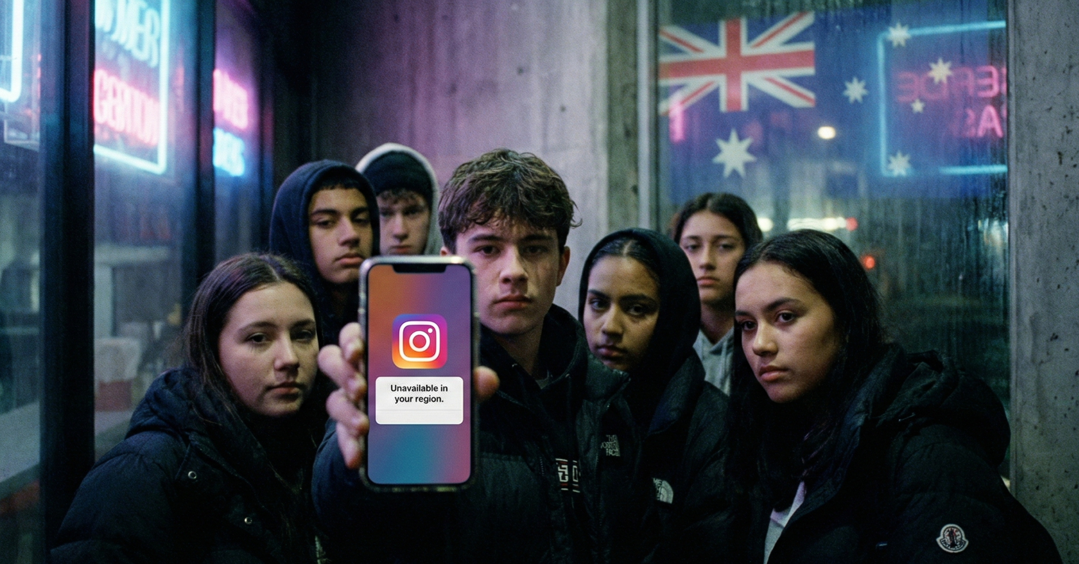 A group of teens stands in a dark, cinematic scene lit by neon glow as one teen holds up a smartphone showing social media app icons marked “Unavailable in your region,” with a subtle Australian flag reflected in the background.