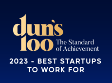 Dun's 100 Best Startups to Work For 2023 logo with a blue background.